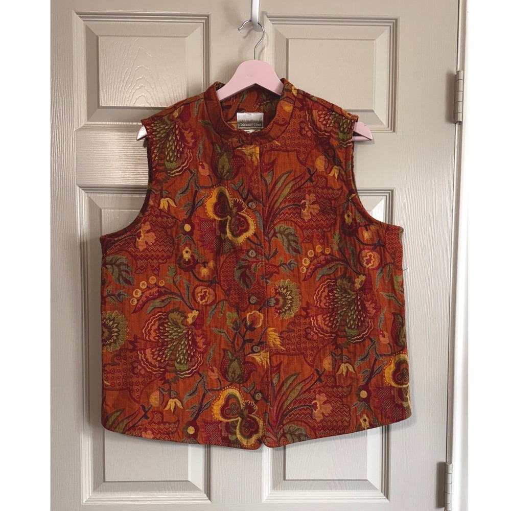 Coldwater Creek XL Orange Floral Tapestry Vest Mandarin Collar Boho Button Front